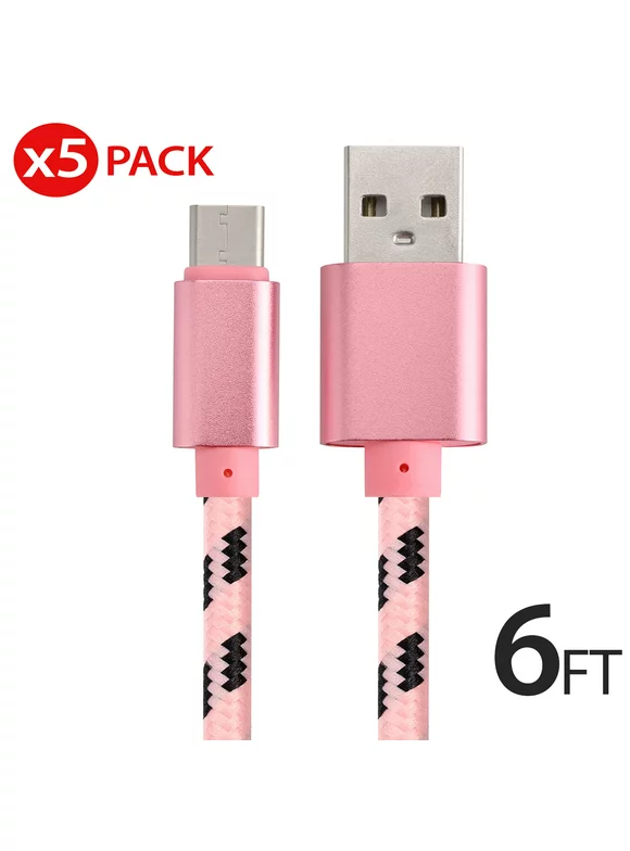 USB Type-C Cable, [5-Pack] 6ft Fast Charging 3A Quick Charger Cord, Type C to A Cable 6 Foot Compatible with Samsung Galaxy S10 S9 S8 Plus, Braided Fast Charging Cable for Note10 9 8, LG V50 V40 G8 G7