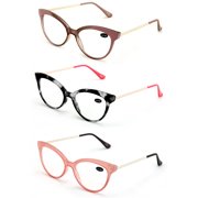 3 Pairs Women Cateye Pointed Tip Reading Glasses - Metal Temple Cat Eye Readers