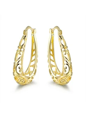 Filigree Oval Hoop Earrings In 18K Gold Plating 1.5" Gift For Her Valentines Mothers Day Anniverary Christmas Birthday Wedding