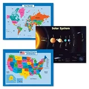 3 Pack - USA & World Map for Kids + Solar System Poster Set (Laminated, 18" X 24")
