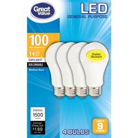 Great Value LED Light Bulb, 14W (100W Equivalent) A19 General Purpose Lamp E26 Medium Base, Non-dimmable, Daylight, 4-Pack