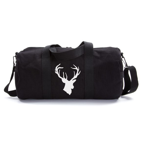 Hunting Deer Buck Antlers Sport Heavyweight Canvas Duffel Bag in Black & White, Medium