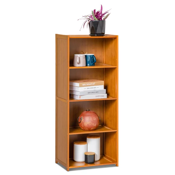 MoNiBloom Bamboo 4 Tiers Narrow Bookcase Freestanding Display Storage Shelves Cabinet, Brown, for Home