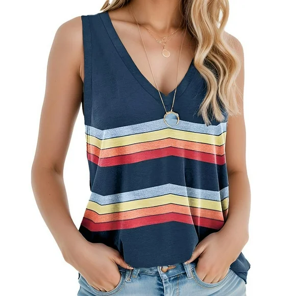 Sanopy Women Summer Sleeveless Tank Tops V Neck Printed Loose Fit Workout Yoga Shirt