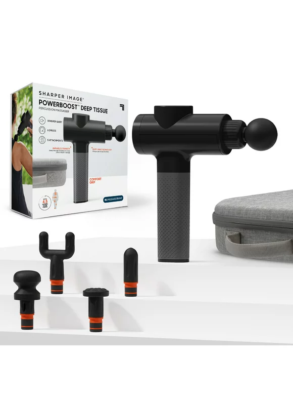 Sharper Image® Powerboost® Deep Tissue Percussion Massage Gun, 5 Interchangeable Attachments, Black