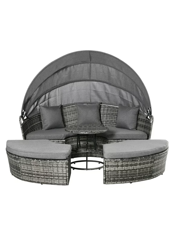 Outsunny 5 Pieces Patio PE Wicker Lounge Set, Outdoor Rattan Garden Conversation Furniture Set, Round Sofa Bed with Canopy, Cushioned, Adjustable Coffee Table, Grey