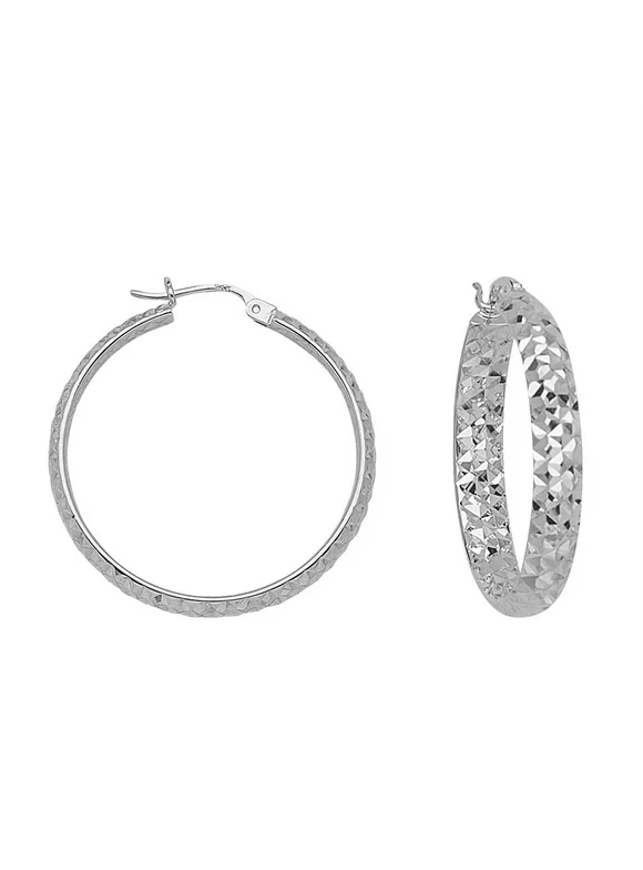 925 White Sterling Silver 4 mm Inside & Outside Diamond Cut Hoop Earrings 1" Diameter