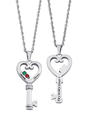 Family Jewelry Personalized Couple's Name & Birthstone Heart Key Diamond Accent Necklace