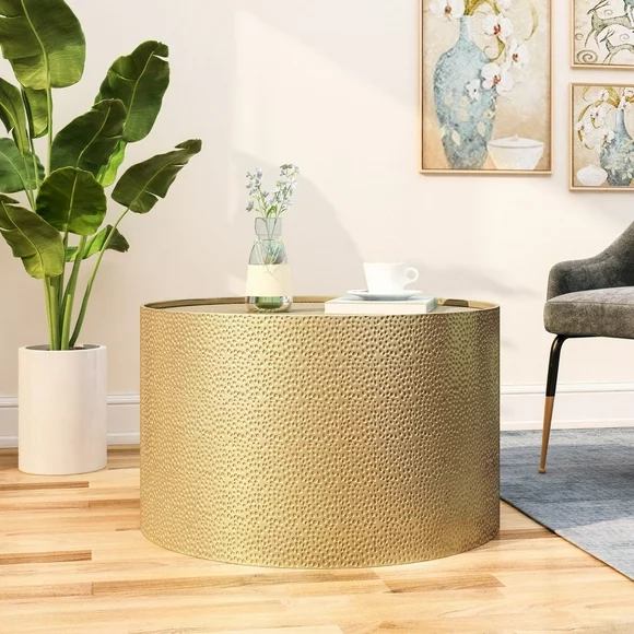 26" Gold Finish Contemporary Round Coffee Table with Hammered Surface