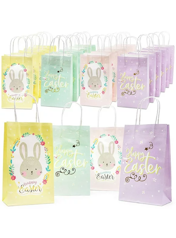 24-Pack Happy Easter Bunny Gift Bags with Handles for Kids Party Favors, Toys and Goodie, 4 Pastel Colors, 9 inches