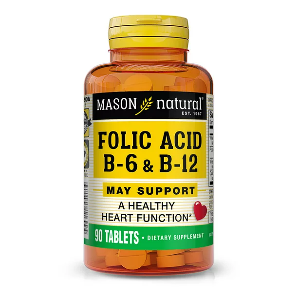 Mason Natural Heart Formula Folic Acid with Vitamin B6 and B12 - Supports Cardiovascular Health, Red Blood Cell Formation, Metabolic Function, 90 Tablets