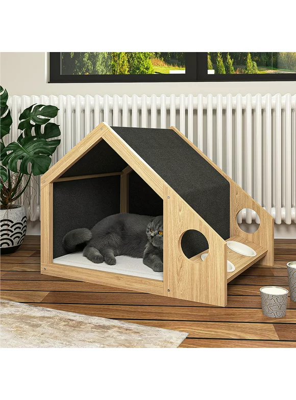 Topcobe Indoor Wooden Dog House w/ Loop-Pile Bed Pad, Pet House for Small Dogs & Medium to Large Cats, Natural