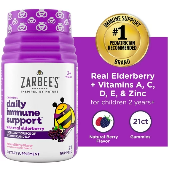 Zarbee's Kids Immune Support Gummies- Elderberry, Vitamins, Zinc, 21ct