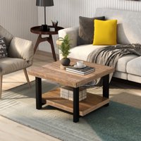 Rustic Natural Coffee Table with Storage Shelf for Living Room, Easy Assembly (26"x26")