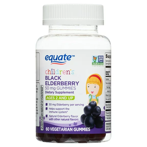 Equate Children's Non GMO Vegetarian Gummies, Black Elderberry, 50 mg, 60 Count