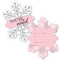 Pink Winter Wonderland - Shaped Fill-In Invitations - Holiday Snowflake Birthday Party or Baby Shower Invitation - 12 Ct