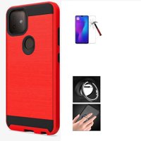 Phone Case for T-Mobile REVVL 4 Plus, Slim Metallic Brushed Shock Resistant Protective Cover + Ring / Kickstand/ Tempered Glass (Red)