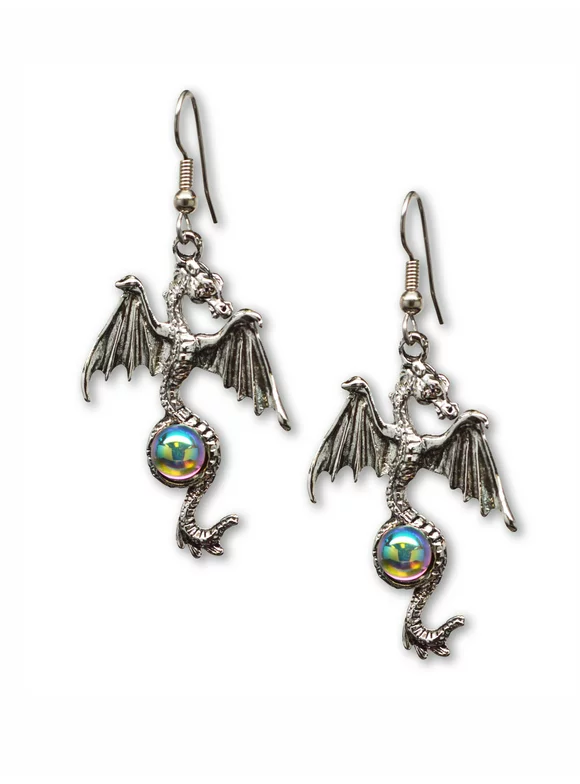 Gothic Dragon Dangle Earrings Silver Finish Pewter Mystical Jewelry by Real Metal #955AB