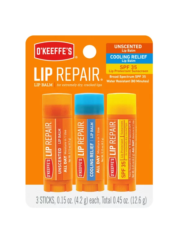 O'Keeffe's Lip Repair Variety Pack, Cooling, SPF, Original, 0.15oz Each, pack of 3