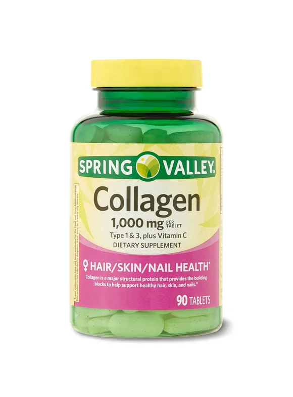 Spring Valley Collagen Type 1 & 3 plus Vitamin C Hair/Skin/Nails Health Dietary Supplement Tablets, 1,000 mg, 90 Count