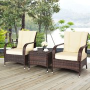Costway 3PCS Outdoor Patio Mix Brown Rattan Wicker Furniture Set with Beige Cushions