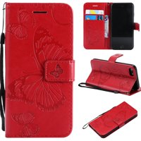 iPhone SE 2020 Case, iPhone 8 Wallet Case, iPhone 7 Case, Dteck Embossed Big Butterfly Magnetic Flip PU Leather Folio Stand Case Cover Built-in Card Slots & Money Pocket, with wrist Strap, Red