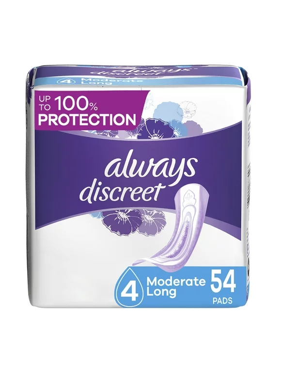 Always Discreet Incontinence Pads for Women, Moderate Long, 54 Count