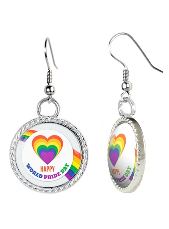 Happy World Pride Day LGBTQ with Heart and Rainbow Earrings