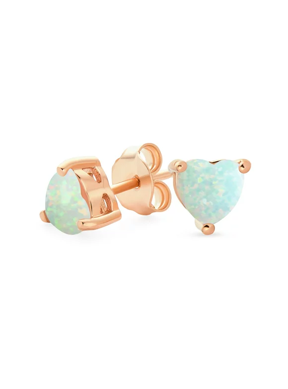Small Pink Created Opal Heart Stud Earrings .925Sterling Silver