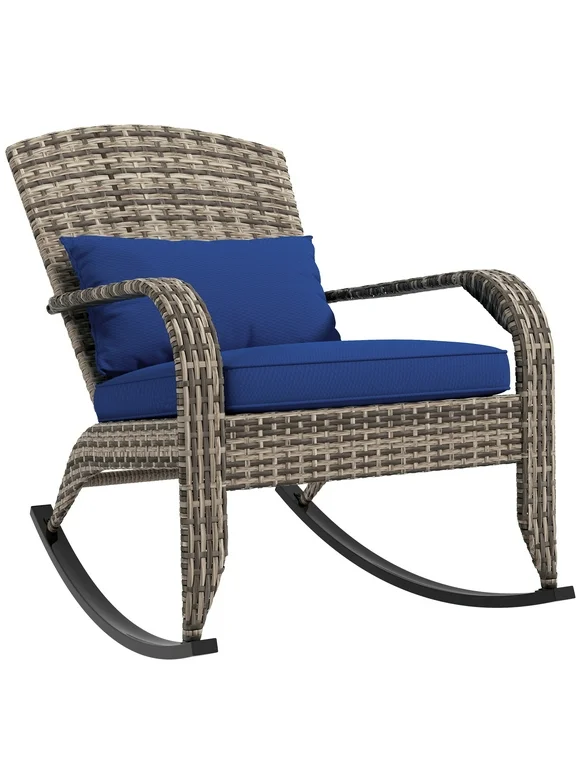 Outsunny Outdoor Wicker Adirondack Rocking Chair with Cushion, Dark Blue