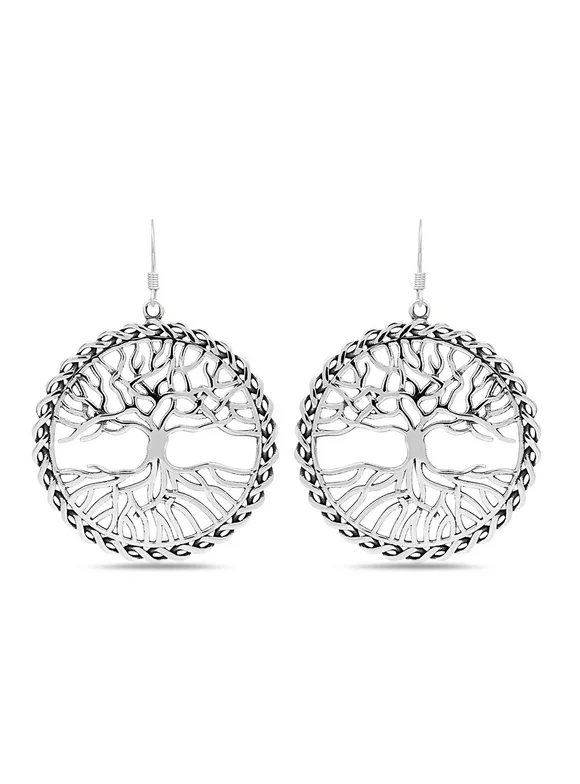 Solid .925 Sterling Silver Tree of Life Plain Silver Dangle Earrings for Women