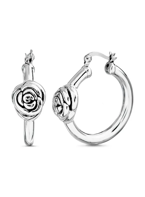 Rose Hinged Hoop Earrings in Rhodium Plated Sterling Silver for Women