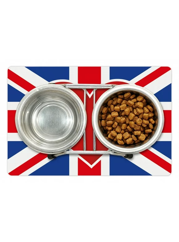 Union Jack Pet Mat for Food and Water, British Flag with a Big Red Heart in Center Nationality Pride Concept, Non-Slip Rubber Mat for Dogs and Cats, 18" X 12", by Ambesonne