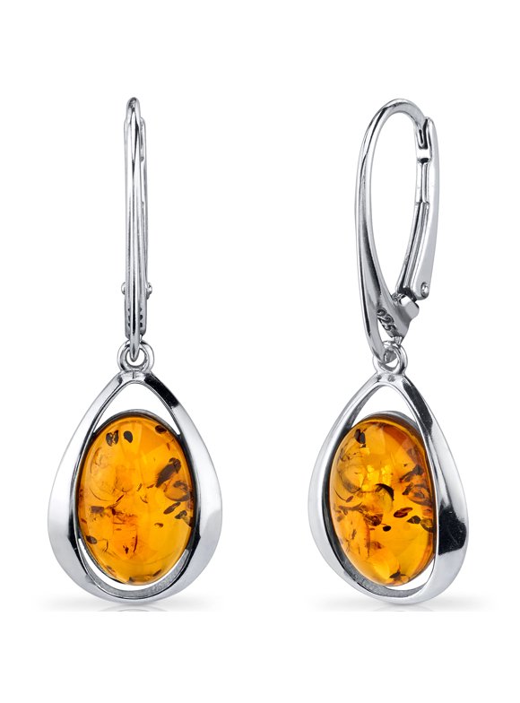 Peora Oval Shape Baltic Amber Sterling Silver Drop Earrings Rhodium Finish