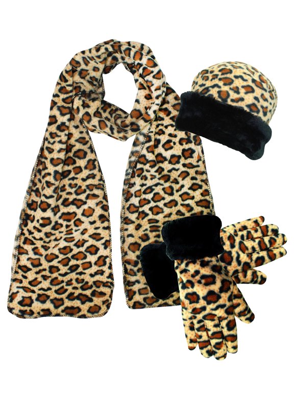 Leopard Print Fleece 3-Piece Hat Scarf & Gloves Matching Winter Set