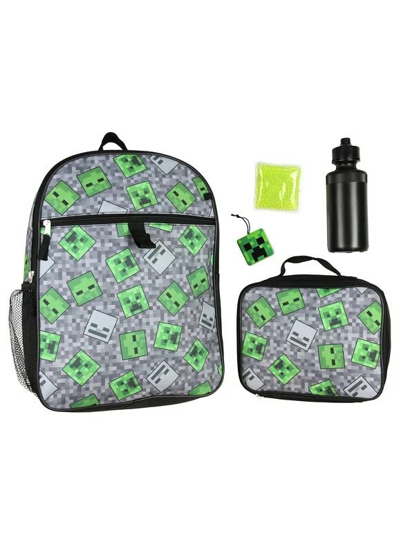 Minecraft Creeper Ghoul 16" School Backpack and Lunch Kit 5pc Set