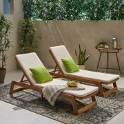 Cullen Outdoor Acacia Wood Chaise Lounge and Cushion Sets, Set of 2, Teak and Cream