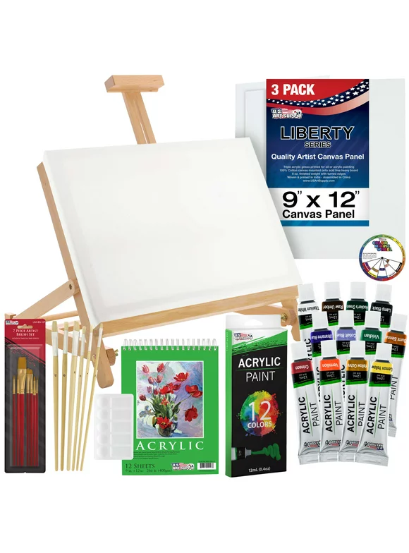 US Art Supply 33 Piece Custom Artist Acrylic Painting Set with Table Easel, Paint, Canvas and Accessories
