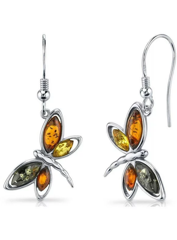 Butterfly Shape Orange Amber Drop Earrings in Sterling Silver