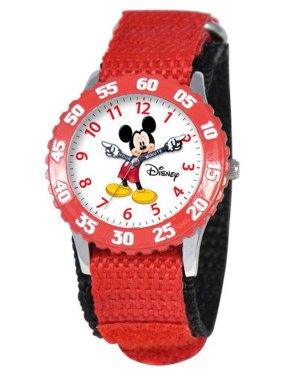 Mickey Mouse Boys' Stainless Steel Time Teacher Watch, Red Bezel, Red Hook and Loop Nylon Strap with Black Backing
