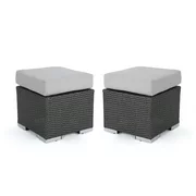 Malibu Outdoor 16 Inch Wicker Ottoman Seat with Water Resistant Cushion, Set of 2, Grey and Silver