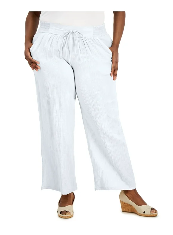 Jm Collection Women's  Plus Size Gauze Drawstring Pants White Size 3X