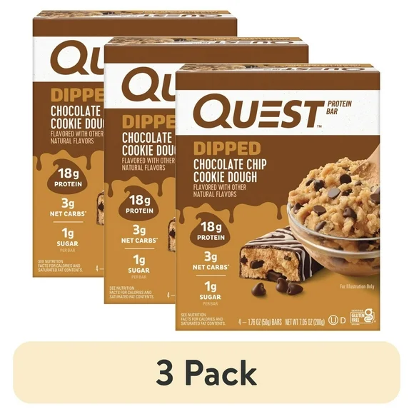 (3 pack) Quest Dipped Protein Bars, Low Sugar, High Protein, Chocolate Chip Cookie Dough, 4 Count