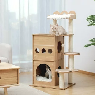 47.2" Modern Cat Tree Wooden Multi-Level Cat Tower Deeper Version Of Cat Sky Castle With 2 Cozy Condos, Luxury Perch And Interactive Dangling Balls Beige