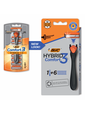 BIC Comfort 3 Hybrid Men's Disposable Razor, 3 Blade Razor, 1 Handle 6 Cartridges, Pivoting Head, Smooth Shave