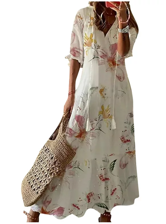 Glonme V Neck Long Dress for Women Loose Travel Summer Beach Sundress Bohemian Swing Maxi Dresses Milky White S
