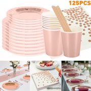 125PCS Rose Gold Party Supplies (Serves 25 Guests) Disposable Dinnerware Set Foil Paper Tableware Favors Decorations Bulk for Weddings, Anniversary, Birthday