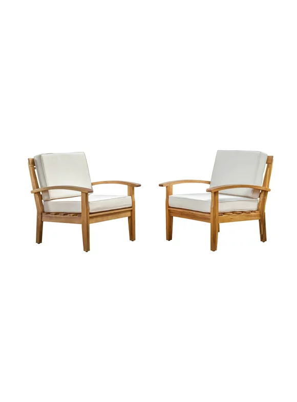 Keanu Outdoor Acacia Wood Club Chairs with Cushions, Set of 2, Teak and Beige