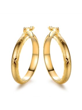 18K Yellow Gold Plated Round Hoop Diamond Cut Earrings 1.5" Gift For Her Valentines Mothers Day Anniversary Christmas Birthday Wedding