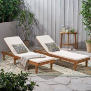 Maddison Outdoor Modern Acacia Wood Chaise Lounge with Cushion, Set of 2, Teak and Cream